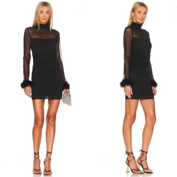 Amanda Uprichard Black Vixen Mesh Ostrich Feather Mini Dress Size Small - Picture 1 of 13